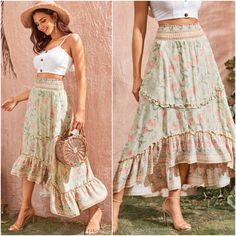 97% Cotton, 3% Spandex Floral Print Ruffle Hem Skirt Pre-Order