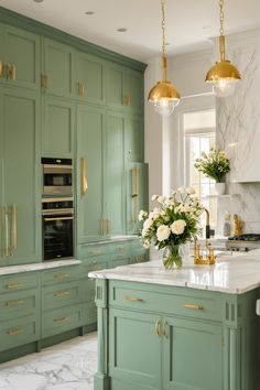 25 Sage Green-Themed Kitchen Ideas for 2024 – The Crafty Hacks Mint And Gold Kitchen, Sage Green Kitchen Aesthetic, Resurface Cabinets, Green And Gold Kitchen, Tropical Farmhouse, Green Kitchen Aesthetic, Green Kitchen Decor