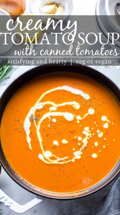 a bowl of creamy soup with carrots and herbs in the background text overlay reads creamy soup with candied tomatoes