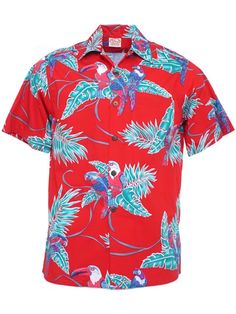 Tropical Birds Red Cotton Men's Vintage Hawaiian Shirt Red Tropical Shirt For Vacation, Red Tropical Hawaiian Shirt With Short Sleeves, Red Hawaiian Shirt With Relaxed Fit, Red Tropical Camp Shirt For Vacation, Red Relaxed Fit Hawaiian Shirt For Vacation, Red Relaxed Fit Camp Shirt For Beach, Red Relaxed Fit Camp Shirt For Vacation, Red Tropical Hawaiian Shirt With Camp Collar, Red Hawaiian Shirt With Camp Collar