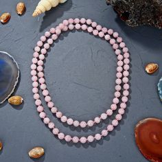 "36\" length.   -8MM natural rose quartz beads in a matte or polished finish. -Hand-knotted thread between each bead in pink thread. https://www.etsy.com/shop/MYGEMSROCK" Pink Rose Quartz Gemstone Beaded Necklaces, Pink Rose Quartz Gemstone Beaded Necklace, Pink Rose Quartz Necklace With 8mm Beads, Pink Rose Quartz Spiritual Beaded Necklace, Spiritual Pink Rose Quartz Beaded Necklace, Hand-strung Pink Rose Quartz Necklace, Pink Rose Quartz Crystal Necklace, Pink Thread, Rose Quartz Beads