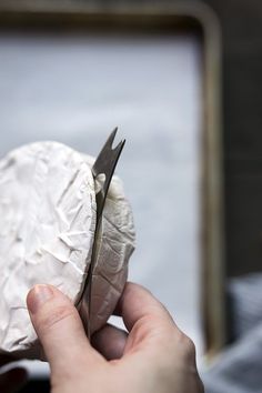 a person holding a pair of scissors over a piece of paper that has been folded