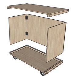 a drawing of a cabinet on wheels with the door open