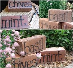 three different pictures of bricks with words on them and flowers in the middle one is made out of brick