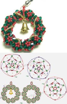 beaded christmas wreaths and bells are featured in the instructions to make this bracelet