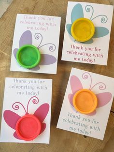 three thank you cards with butterfly magnets on them, one for each child's birthday