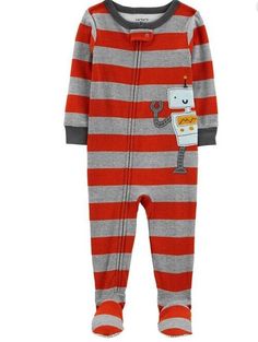 NWT 24m robot boys Sleeper pajamas Footed footie spring fall carters preppy girl holiday easter gift present sleepover christmas birthday 24 mos  24 months   one piece warm (NON FLEECE) cozy comfy great for after a bath or to play loungewear in  pjs sleeper     orange grey gray   preppy preppie striping and sweet robot tech techie gaming computer theme     feet that have the protective slippery non slip non skid padding on the bottom of the soles zippers up the front unisex multiples in stock fo Baby Boy Pajamas, Boys Sleepwear, Cotton Pjs, Toddler Pajamas, Footie Pajama, Preppy Girl, Kids Clothes Boys, Cool Graphic Tees, Tops For Leggings