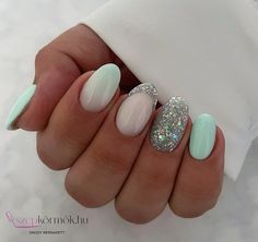 Nails Mint Green, Calgel Nails, Glitter Acrylic Nails, Acrylic Nails Ideas, Mint Green Nails, Mint Nails, Spring Acrylic Nails, Elegant Nail Designs