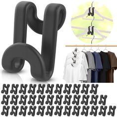 an inflatable object is shown next to clothes on hangers and the letters are black