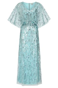 Ethereal and elegant, our light blue Georgia dress is simply showstopping. Glistening with all over sequin embellishment, this silver detailing is complete with a floral motif that highlights the waist. Maxi in length, Georgia is designed with dramatic batwing sleeves, a deep v neckline and a gently flaring skirt. Georgia Dress, Sequin Embellishment, Embellished Maxi Dress, Personal Color, Green Outfit, Light Summer, Batwing Sleeve, Bat Wings, Summer Season