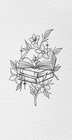 Pencil Art Aesthetic, Book And Flowers, Book Inspired Tattoos, Book With Flowers, Fine Line Drawing, Bookish Tattoos, Bestie Tattoo, Tattoos For Lovers, Flowers Tattoo