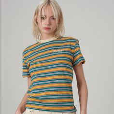 Kickers Classic From Ragged Priest Size Xs Womens Stripe Tee Nwt Trendy Striped Crew Neck Top, Striped Graphic Print Tops For Spring, Striped Graphic Tee For Spring, Retro Striped Relaxed Fit Tops, Retro Striped Tops With Relaxed Fit, Retro Crew Neck Top For Spring, Trendy Striped Top With Graphic Print, Skater Tee, Purple Boots