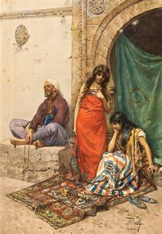 a painting of two women and a man sitting on the ground