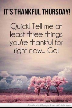 two pink trees with the words it's thanksgiving thursday, quick tell me at least three things you're thank for right now go