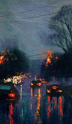 an oil painting of cars driving down the road at night with street lights reflecting in the water