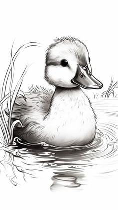 a black and white drawing of a duck in the water with reeds around it