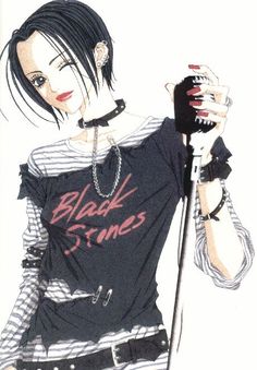 a drawing of a girl with black hair holding a microphone and wearing a t - shirt