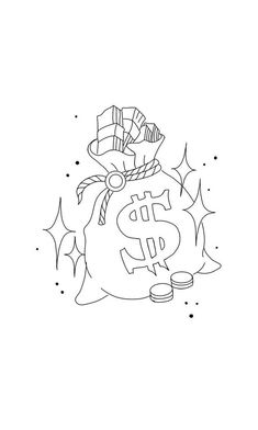 a black and white drawing of a money bag with christmas decorations around it, on a white background