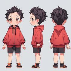 three different views of a young boy in red hoodie and black shorts, with his hands on his hips