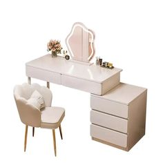 a white desk with a mirror and chair next to it