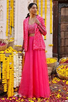 Diwali Outfits | Diwali Fashion for Women | Diwali 2023 | Neu Deals Hot Pink Indian Outfit, Gathered Lehenga, Tulpen Arrangements, Diwali Fashion, Hot Pink Jacket, Jacket Lehenga, Gown Designs, Trendy Outfits Indian, Diwali Outfits