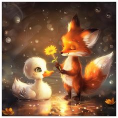 a painting of two little ducks and a fox