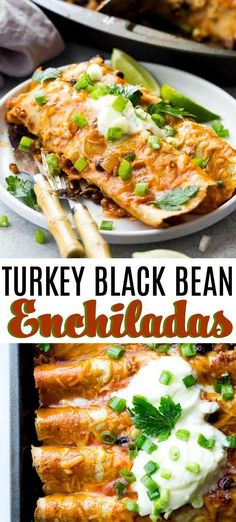 turkey black bean enchiladas with sour cream and cilantro on top