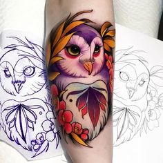 an owl tattoo on the arm with flowers and leaves around its neck, next to another drawing