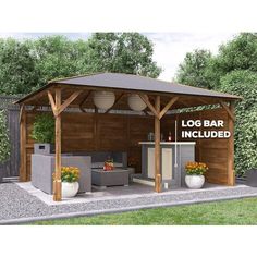 a wooden gazebo with a sign that says log bar included on the front and side