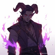 a male character with horns on his head and purple hair standing in front of flames