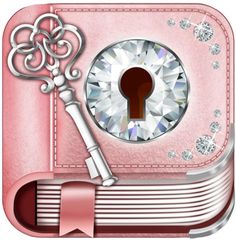 an open pink wallet with a key on it and a diamond in the center,