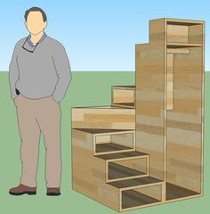 a man standing in front of some stairs made out of wooden planks and plywood