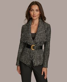 in stock Chic Boucle Outerwear For Fall, Elegant Boucle Outerwear For Fall, Elegant Fall Boucle Outerwear, Chic Fitted Tweed Jacket For Fall, Chic Fitted Tweed Blazer, Fitted Tweed Outerwear For Evening, Chic Evening Tweed Jacket For Fall, Tweed Outerwear For Evening In Fall, Black Fitted Tweed Blazer