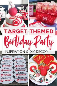 a birthday party with red and white decorations, cookies, cupcakes and desserts