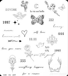 some tattoos on a white sheet with black writing and flowers in the middle, one has a