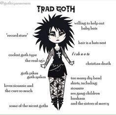 Alternative Subcultures List, Different Goth Styles Chart, Goth With Color, Tradgoth Outfit Women, Goth Fit Ideas, Trad Goth Drawing, Types Of Goth Makeup, Goth Outfits Trad, Goth Styles Types Of