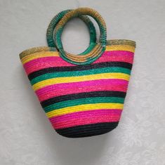 Green/Yellow/Pink Woven. Gift Birthday Anniversary Wedding Fall Winter Spring Office Summer Night Out Date Vacation Work Cocktail Vintage Y2k Beach Boho Festival Retro Party Evening Ball Bohemian Tropical Oversize Jute Pastoral Cottage Yellow Handheld Shoulder Bag For Beach, Yellow Handheld Shoulder Bag For Vacation, Pink Bucket Bag For Summer, Pink Summer Bucket Bag, Yellow Rectangular Bucket Bag For Vacation, Multicolor Bucket Bag For Spring, Multicolor Spring Bucket Bag, Multicolor Bucket Shoulder Bag For Summer, Multicolor Bucket Bag For Summer