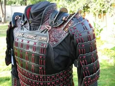 the armor is made up of black leather and red stitching on it's sides