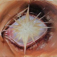 a painting of an eye with starbursts on the iris and bottom part of it