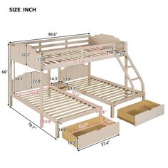 the bunk bed has drawers underneath it and is shown with measurements for each mattress size