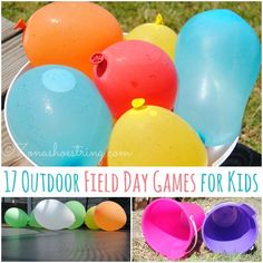 outdoor field day games for kids with balloons in buckets and balls on the ground