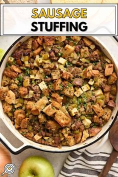 overhead photo of Sausage Stuffing in a baking dish with recipe title block at the top. Holiday Stuffing, Homemade Stuffing Recipes, Stuffing Thanksgiving, Sausage Stuffing Recipe, Sage Stuffing, Homemade Stuffing, Stuffing Recipes For Thanksgiving, Sausage Stuffing, Best Sausage