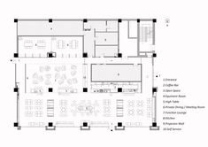 the floor plan for an office with several tables and chairs, including two desks