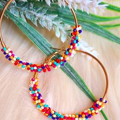 Beautiful Boho Gold Hoops, Multi Color Lightweight Dixe: 3"1/2 Bohemian Embellished Beaded Earrings, Bohemian Embellished Beaded Earrings For Party, Lace Sandals, Bohemian Colors, Jewelry Beaded, Beaded Hoop Earrings, Beaded Hoops, Gold Hoops, Bohemian Jewelry