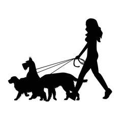 a woman walking two dogs on a leash silhouetted against a white background in black