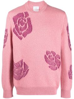 rose pink cashmere fine knit floral intarsia knit crew neck long sleeves ribbed cuffs and hem straight hem Floral Rosa, Rose Fashion, Knitwear Men, Fine Knit, Knit Fashion, Rose Pink, Flower Print, Flower Prints, Pink Roses