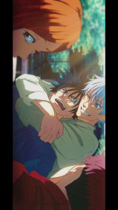 an anime scene with two people hugging and one person holding the other's head