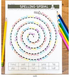 a printable spelling spiral worksheet with colored pencils