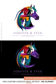 two logos for forever and ever, with the letter e in colorful horses'heads