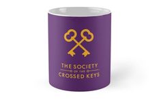 a purple coffee mug with the words, the society crossed keys in gold on it